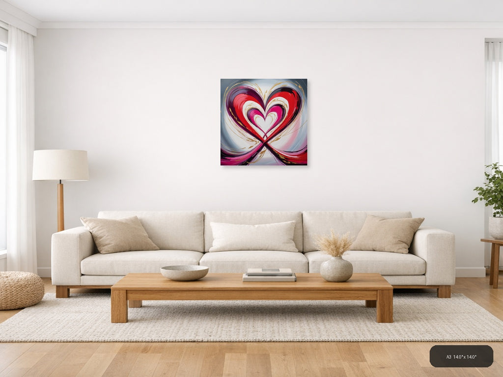 Abstract Nested Heart Swirl Red Pink Gold Wall Art — A3 / Living Room