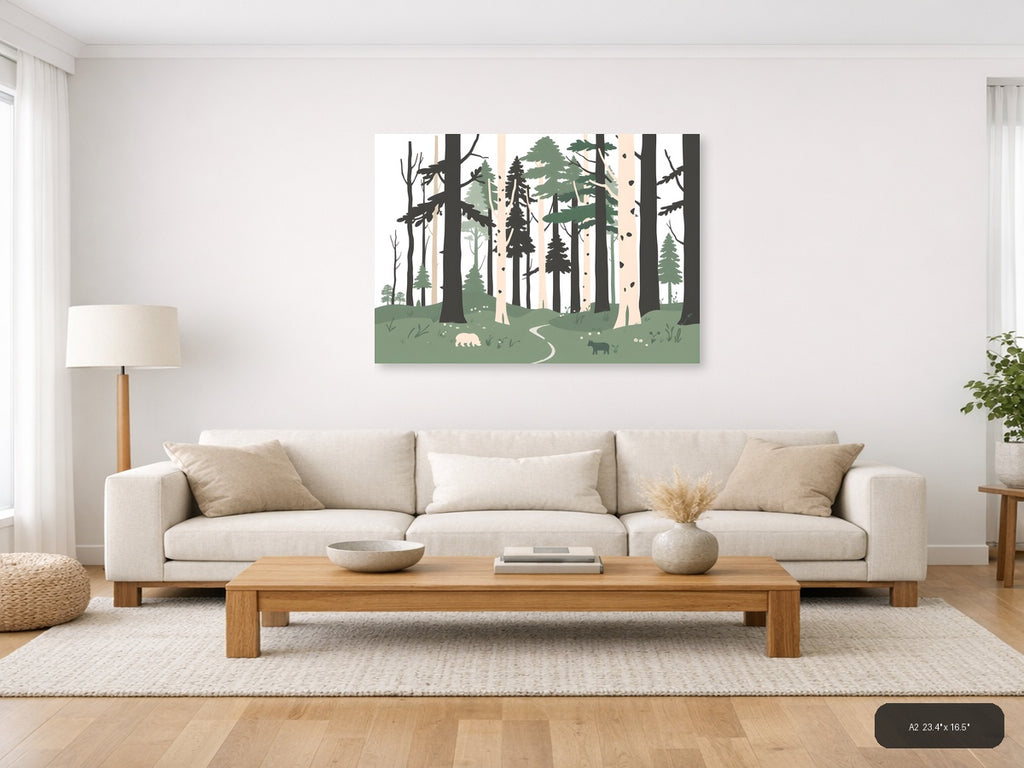 Minimalist Forest Path with Wildlife Wall Art — A2 / Living Room