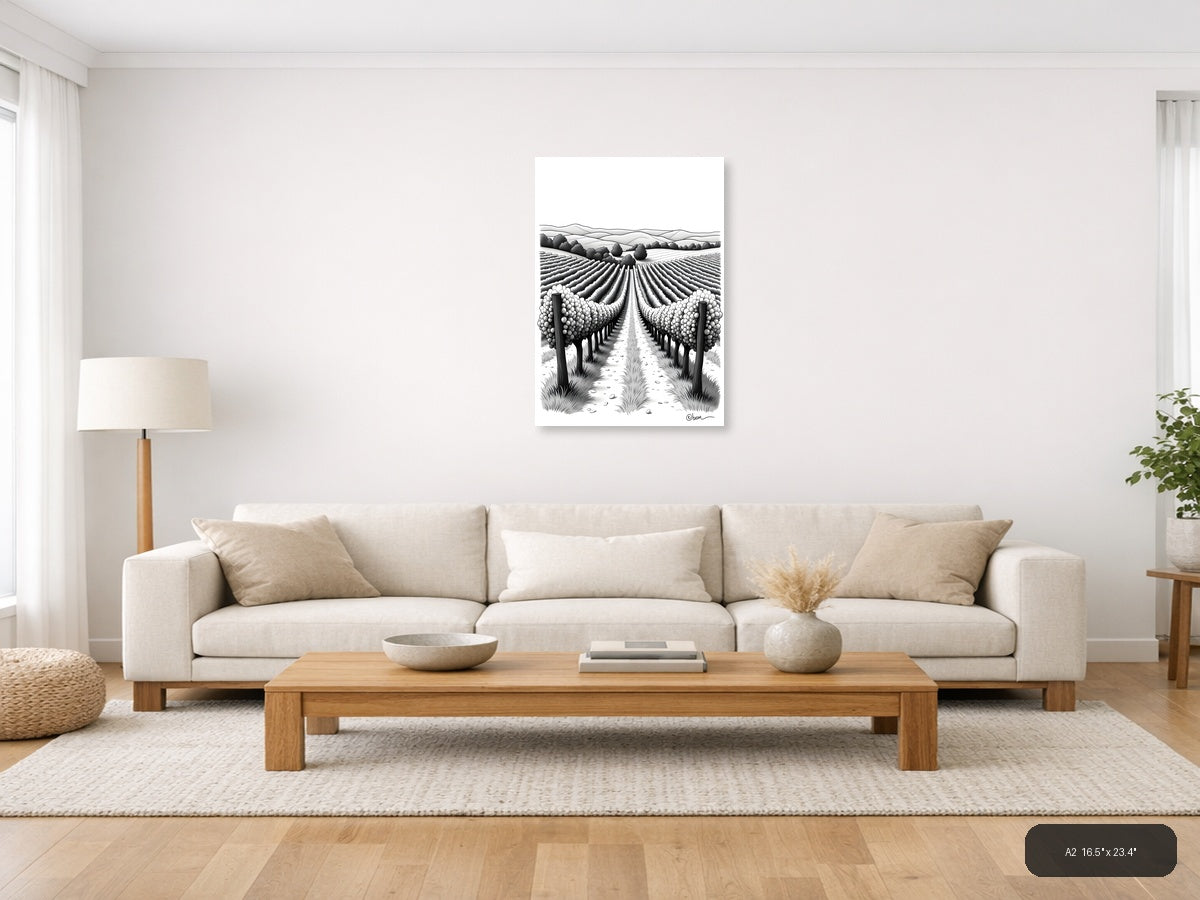 Vineyard Landscape Line Art - Monochrome Wine Country Wall Art — A2 / Living Room