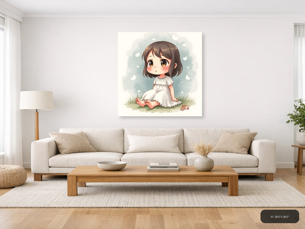 Cute Girl Sitting Watercolor Square Wall Art — A1 / Living Room