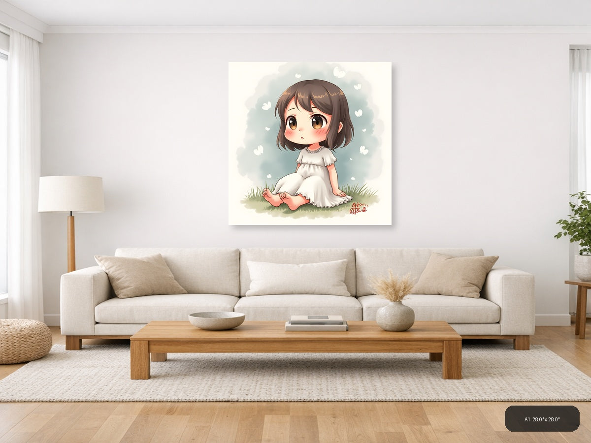 Cute Girl Sitting Watercolor Square Wall Art — A1 / Living Room