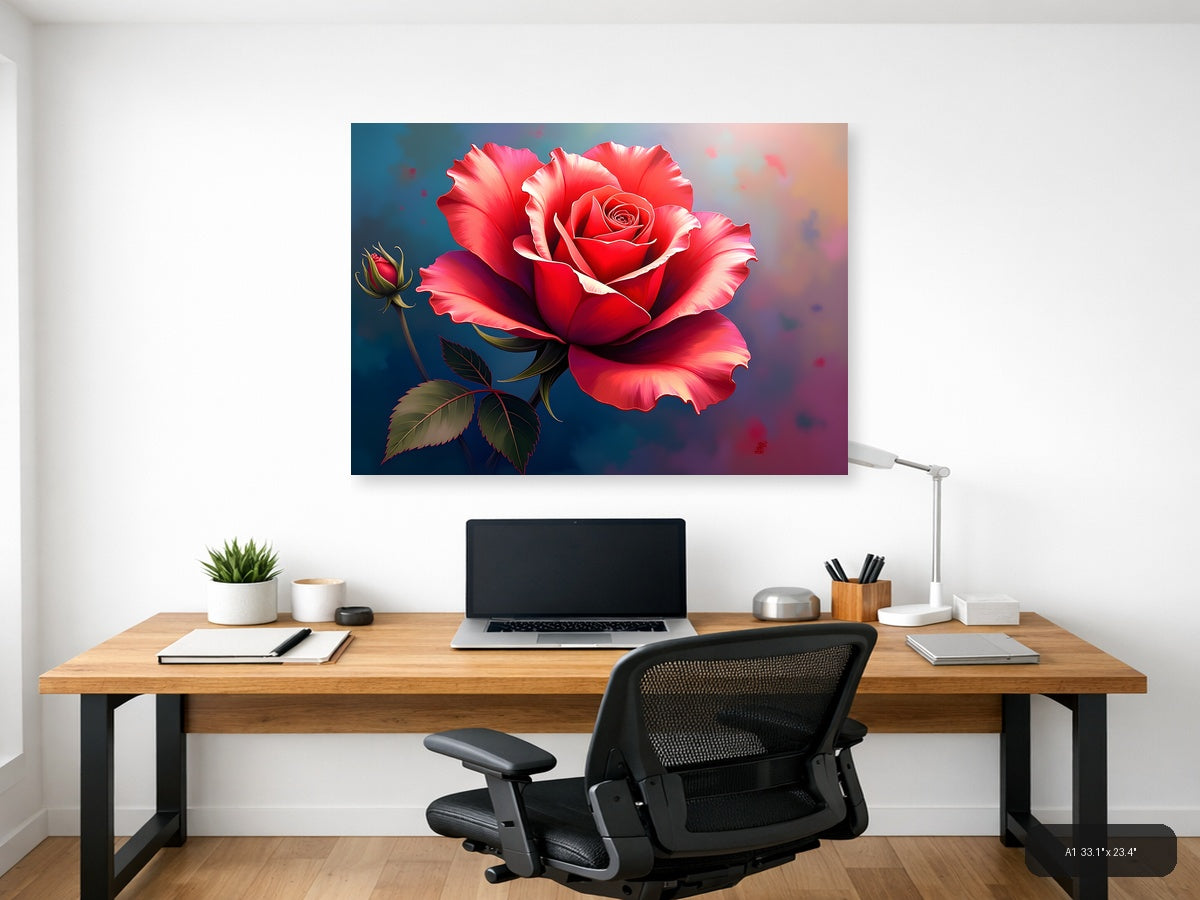Red Rose with Buds Abstract Floral Wall Art — A1 / Office