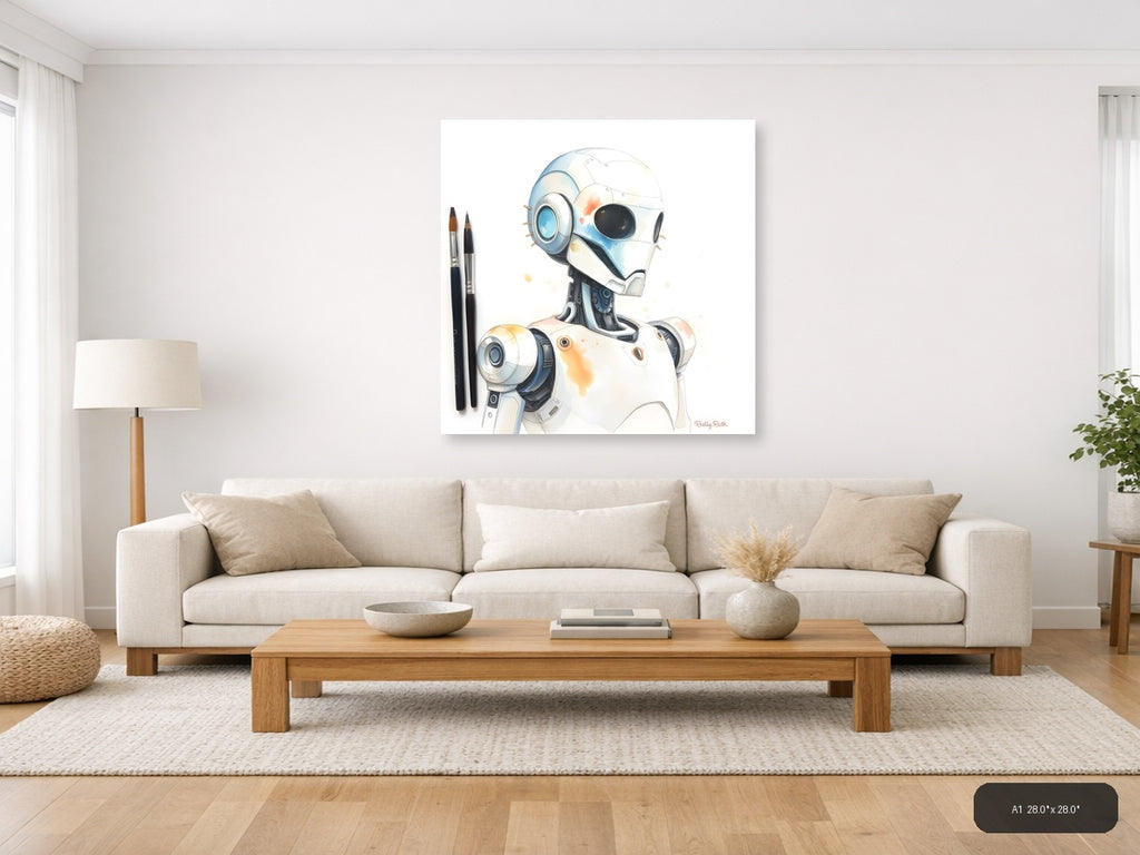 Futuristic Robot Portrait Watercolor Wall Art — A1 / Living Room