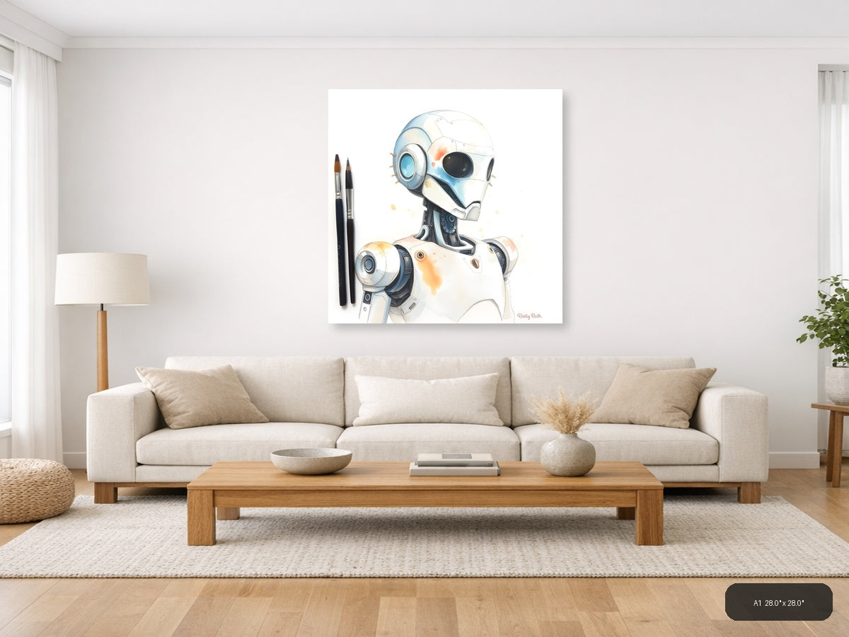 Futuristic Robot Portrait Watercolor Wall Art — A1 / Living Room