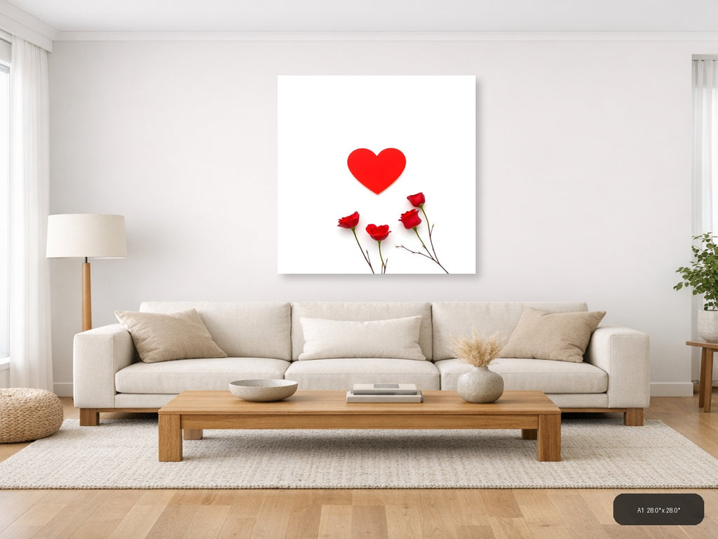 Red Heart with Roses Minimalist Wall Art — A1 / Living Room