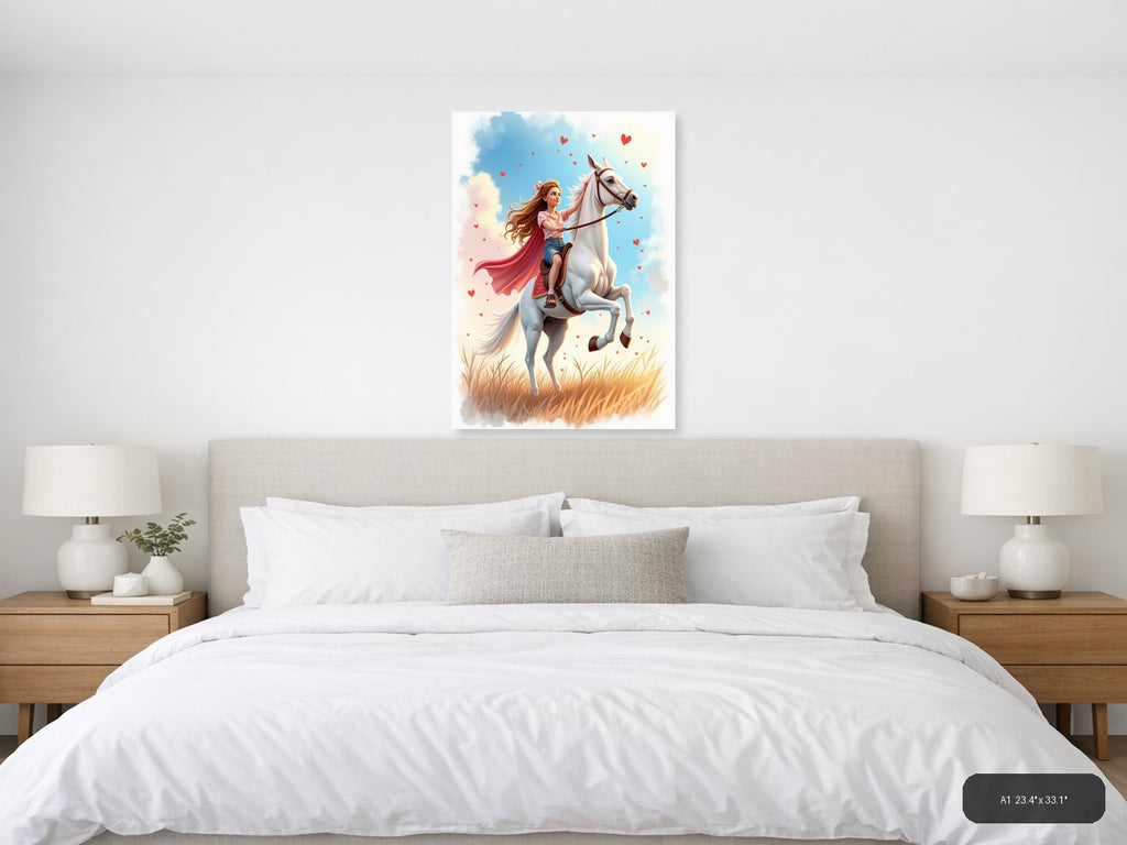Girl on White Horse with Hearts Watercolor Wall Art — A1 / Bedroom
