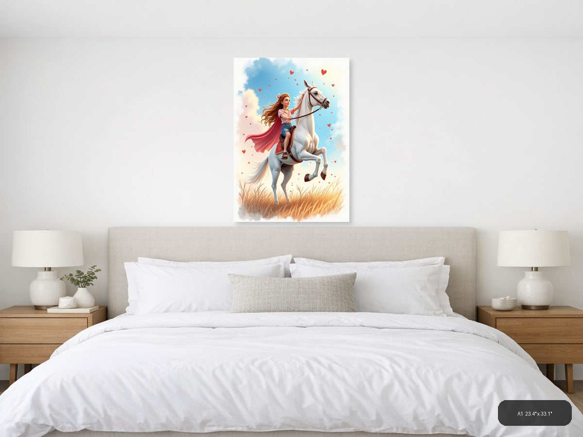 Girl on White Horse with Hearts Watercolor Wall Art — A1 / Bedroom
