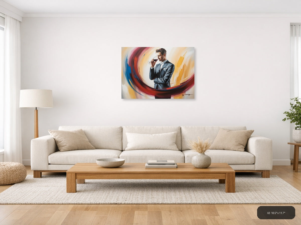 Elegant Man Wine Tasting Abstract Swirl Wall Art — A3 / Living Room