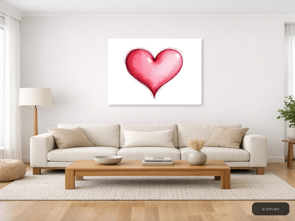 Pink Watercolor Heart Line Art Wall Art — A2 / Living Room