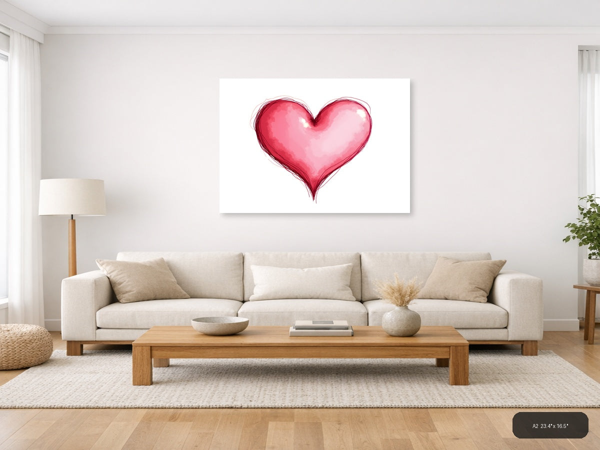 Pink Watercolor Heart Line Art Wall Art — A2 / Living Room