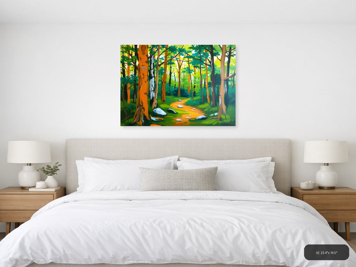 Forest Path Abstract - Vibrant Trees & Stones Wall Art — A2 / Bedroom