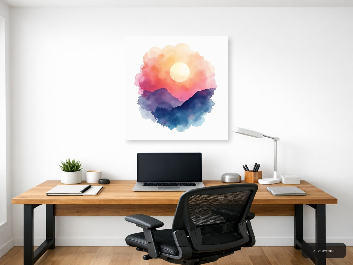 Watercolor Mountain Sunset with Moon Wall Art — A1 / Office