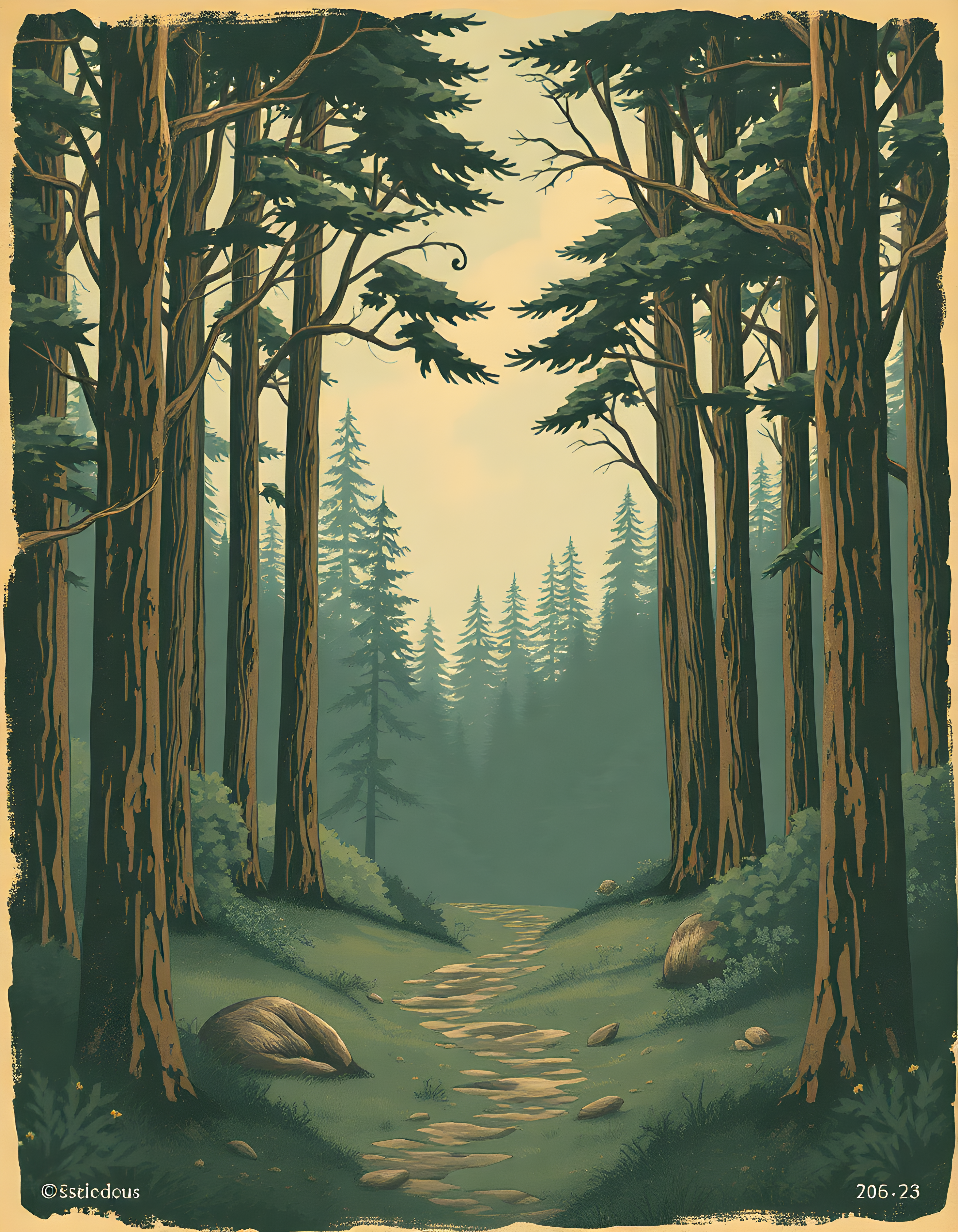 Vintage Forest Path Through Tall Trees Wall Art