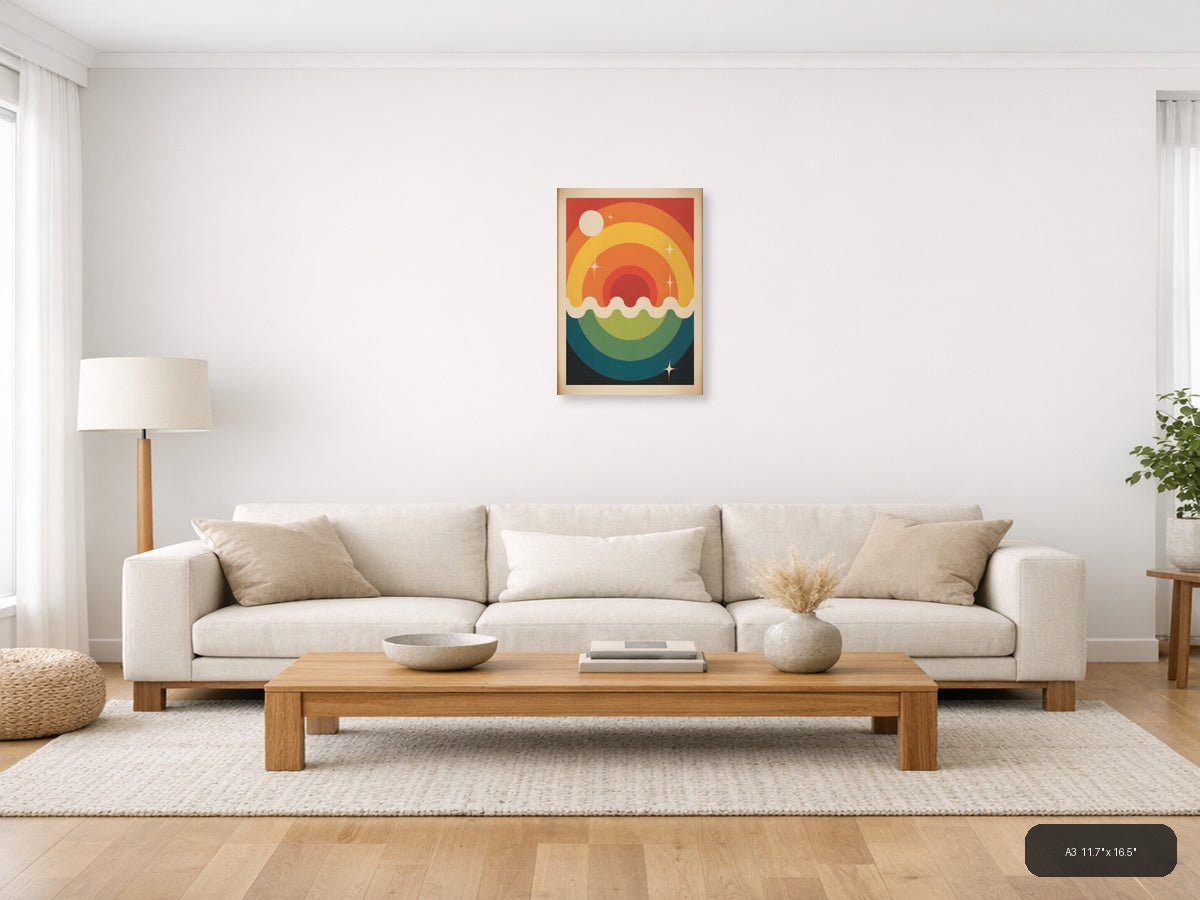 Vintage Rainbow Sunset Landscape Wall Art — A3 / Living Room