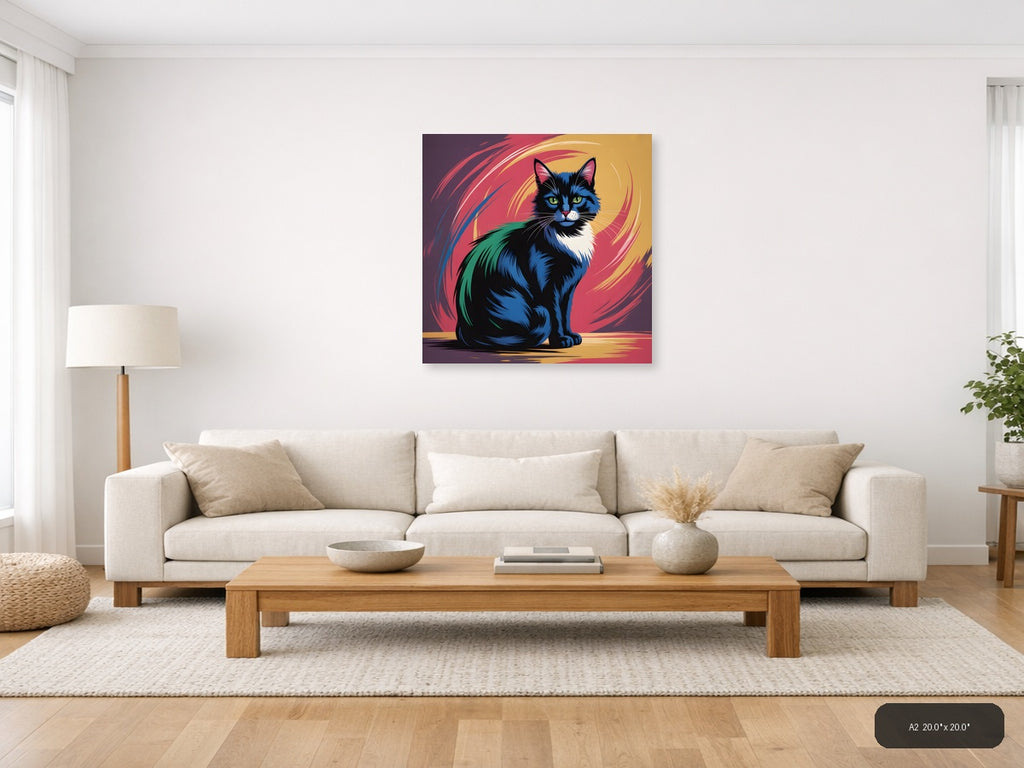 Colorful Abstract Cat Portrait with Green Eyes Wall Art — A2 / Living Room