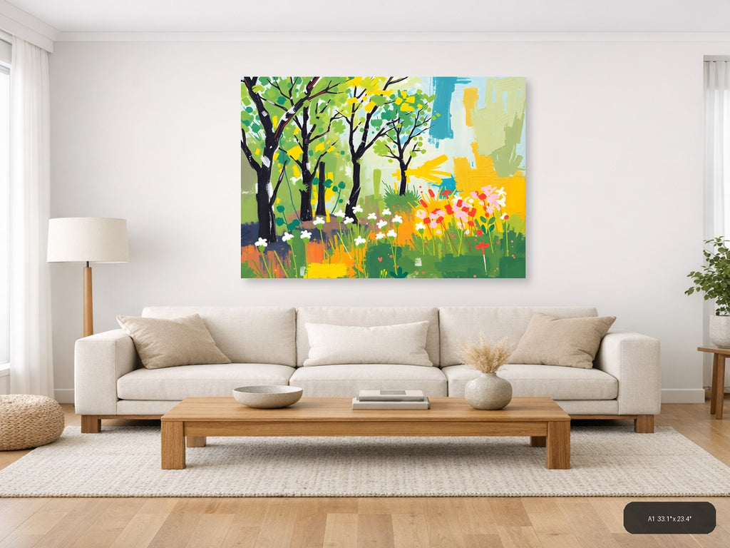 Spring Garden with Black Trees Abstract Wall Art — A1 / Living Room