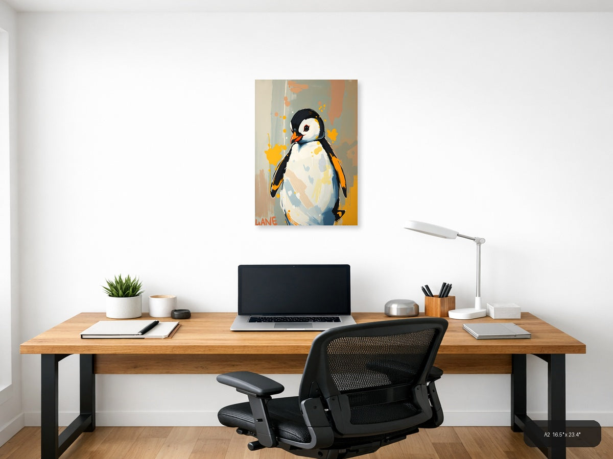 Abstract Penguin Portrait with Orange Splashes Wall Art — A2 / Office