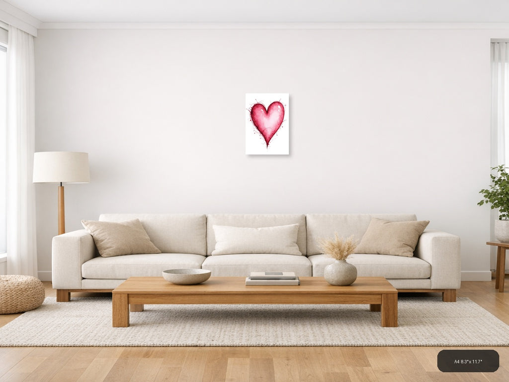 Pink Watercolor Heart with Line Art Splatter Wall Art — A4 / Living Room