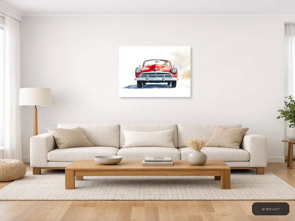 Red Classic Convertible Watercolor Wall Art — A3 / Living Room