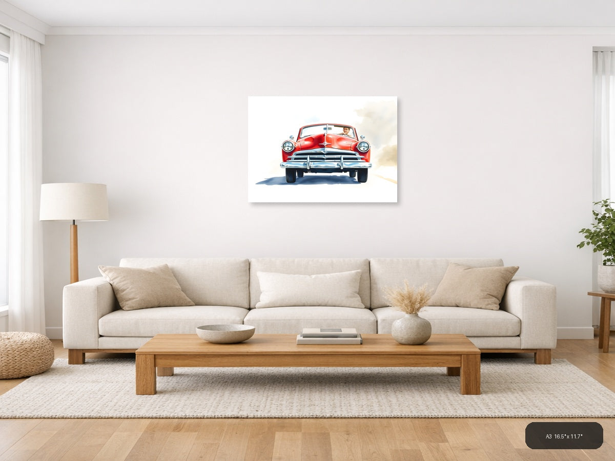 Red Classic Convertible Watercolor Wall Art — A3 / Living Room