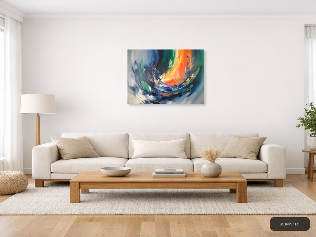 Vibrant Abstract Swirl with Orange and Blue Wall Art — A3 / Living Room