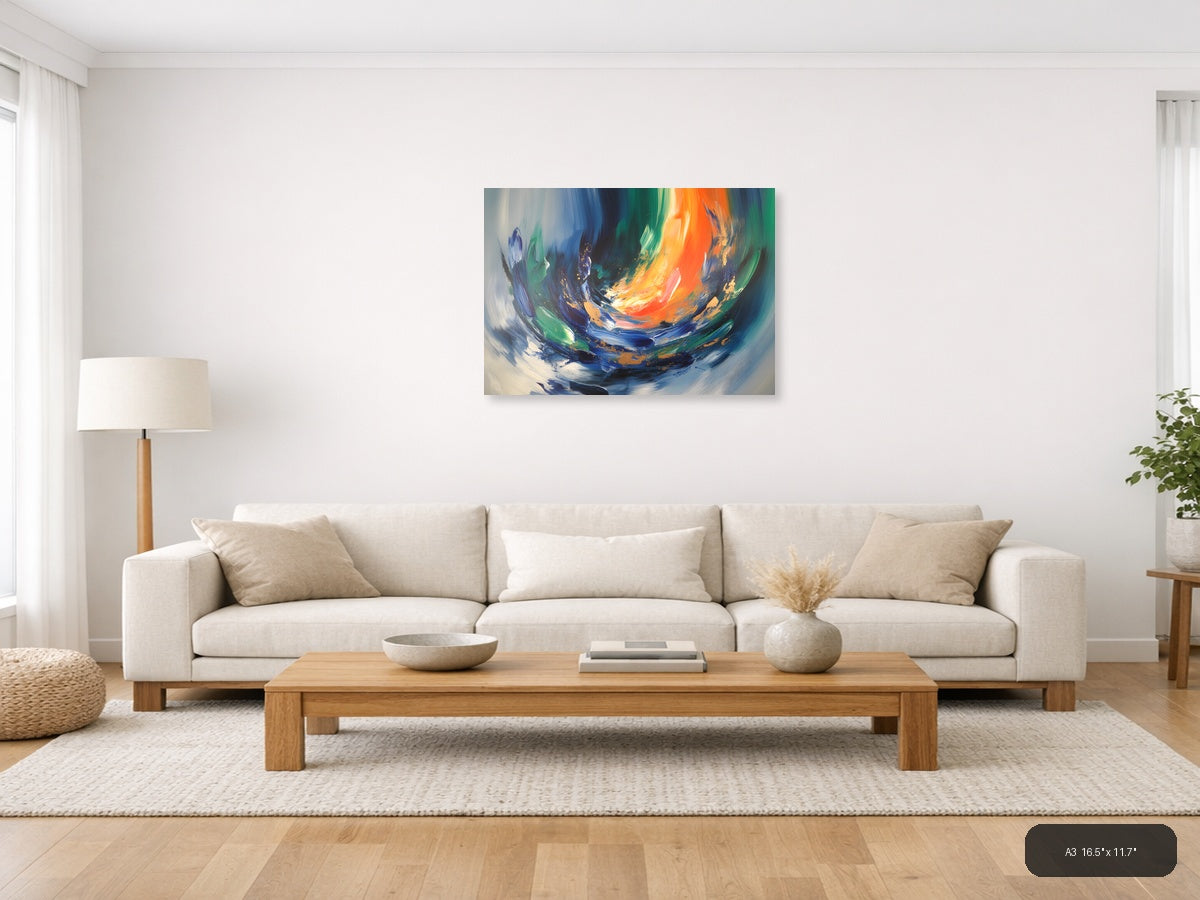 Vibrant Abstract Swirl with Orange and Blue Wall Art — A3 / Living Room