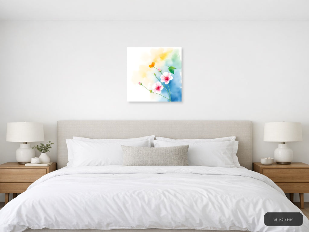 Watercolor Pink & Yellow Flowers on Blue Wall Art — A3 / Bedroom
