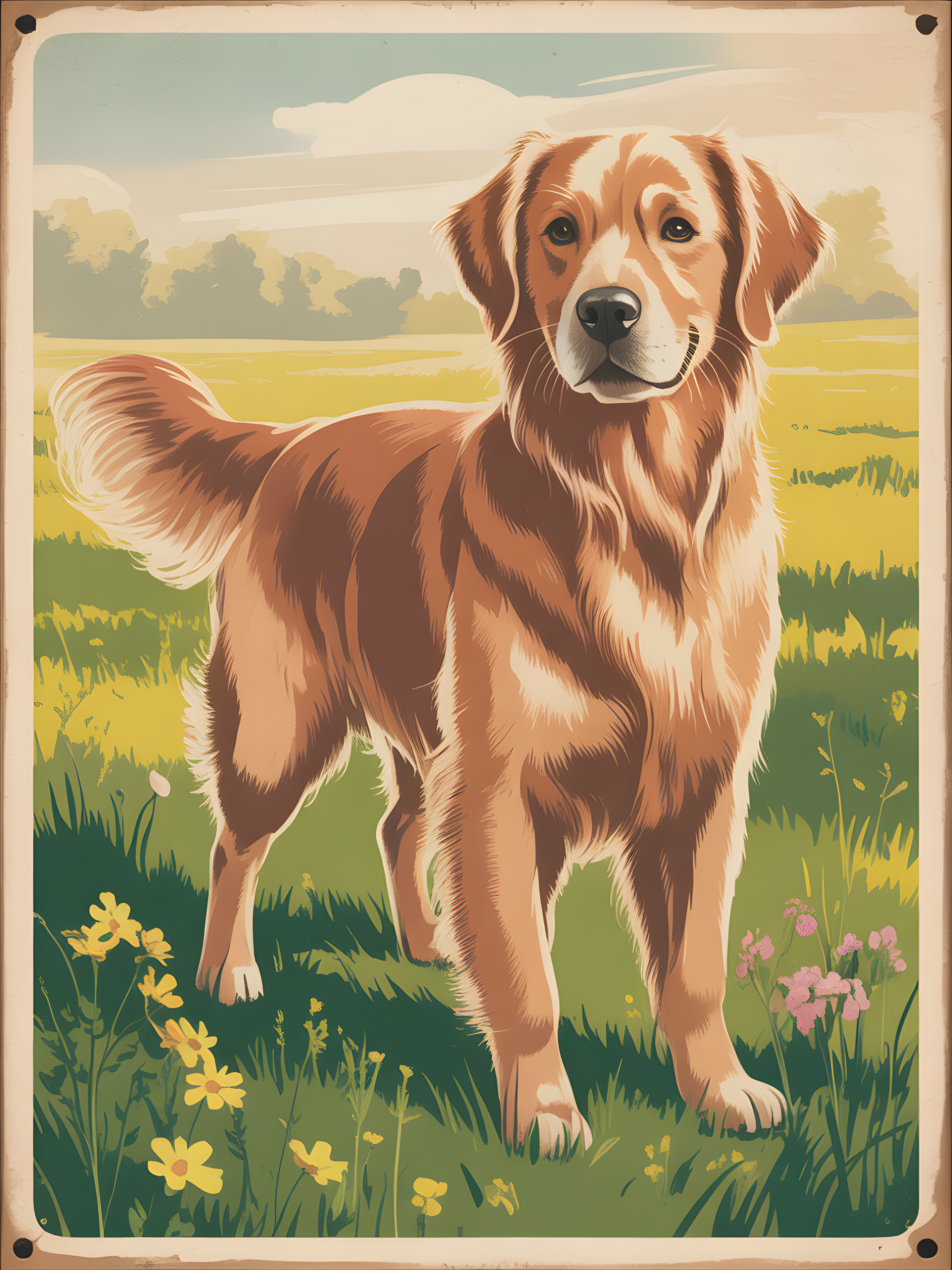 Brown and White Dog in Meadow - Vintage Wall Art