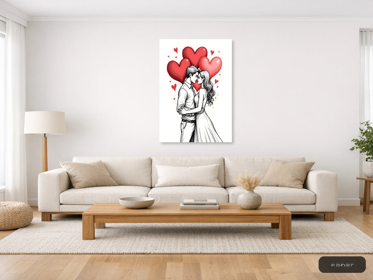 Couple Kissing Line Art with Red Hearts Wall Art — A1 / Living Room