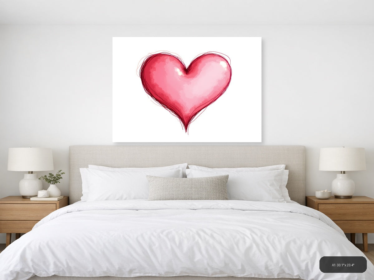 Pink Watercolor Heart Line Art Wall Art — A1 / Bedroom