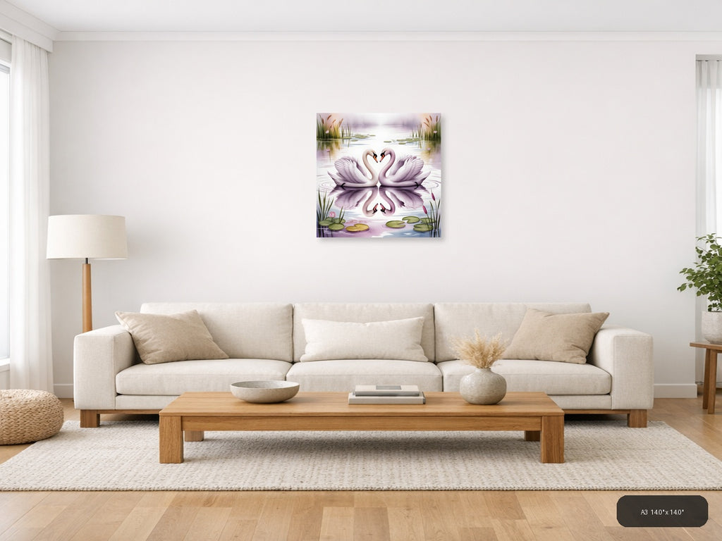 Two Swans Heart Reflection Watercolor Wall Art — A3 / Living Room