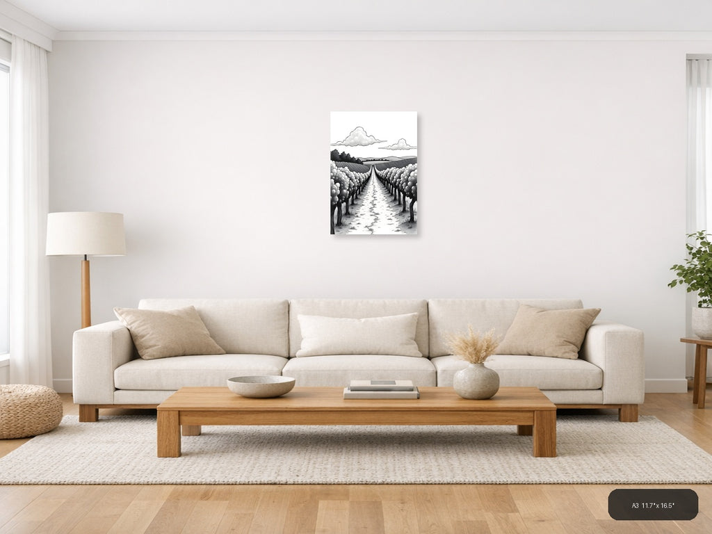 Cotton Field Pathway Line Art Wall Art — A3 / Living Room