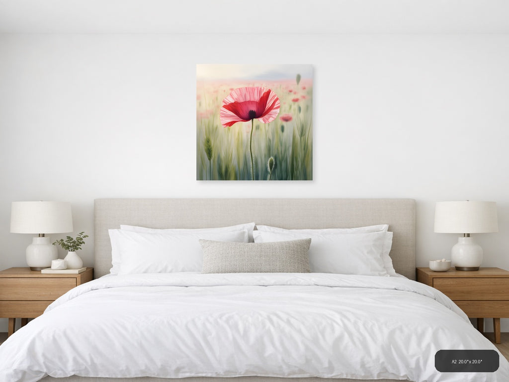 Red Poppy Watercolor Flower Field Wall Art — A2 / Bedroom
