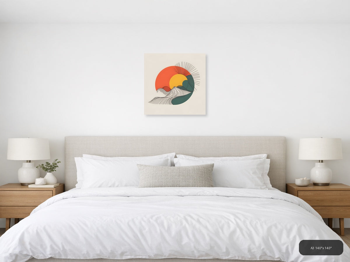 Minimalist Sun and Ocean Wave Line Art Wall Art — A3 / Bedroom