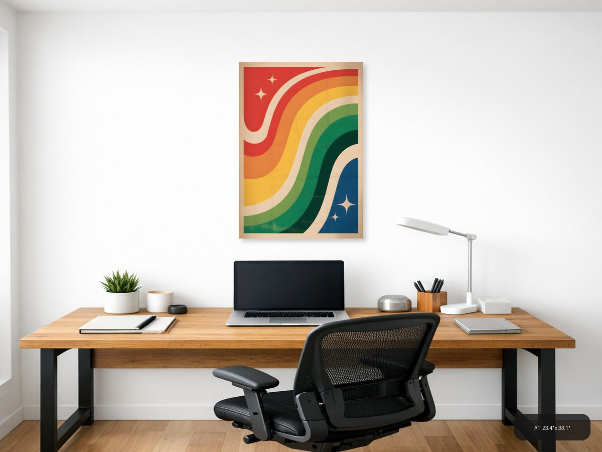 Vintage Rainbow Wave with Stars Portrait Wall Art — A1 / Office