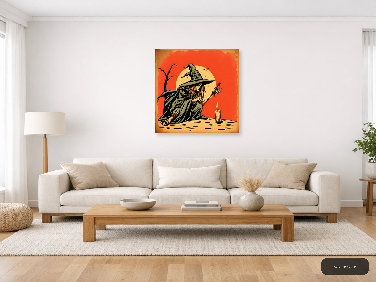 Vintage Witch with Broomstick Moon Wall Art — A2 / Living Room