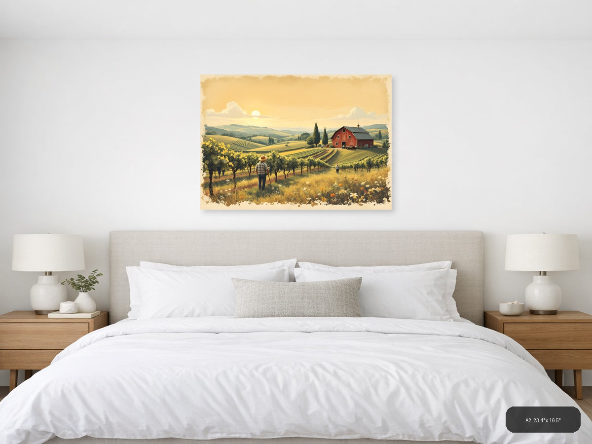 Vintage Vineyard Farm Landscape with Red Barn Wall Art — A2 / Bedroom
