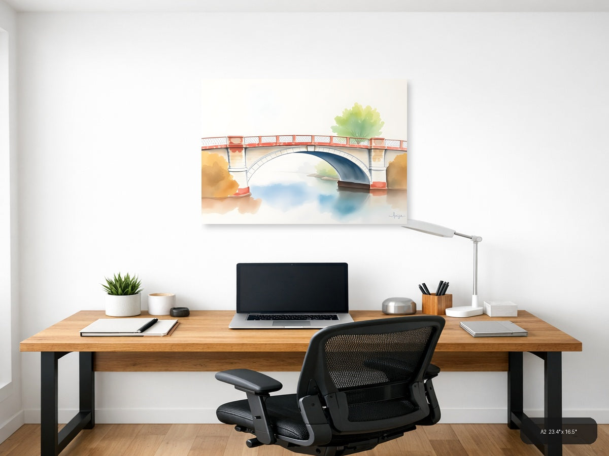 Watercolor Bridge Over Calm Water - Landscape Wall Art — A2 / Office
