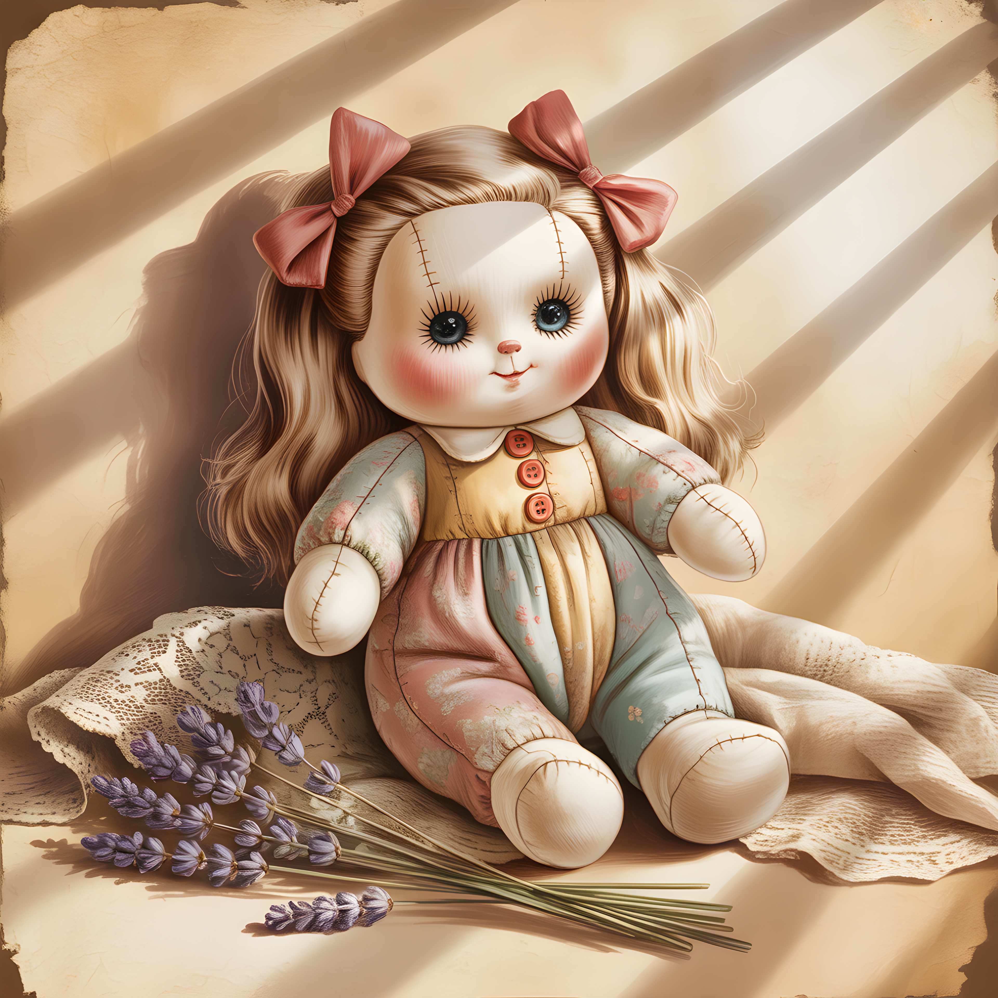 Vintage Rag Doll with Lavender - Cottage Core Wall Art