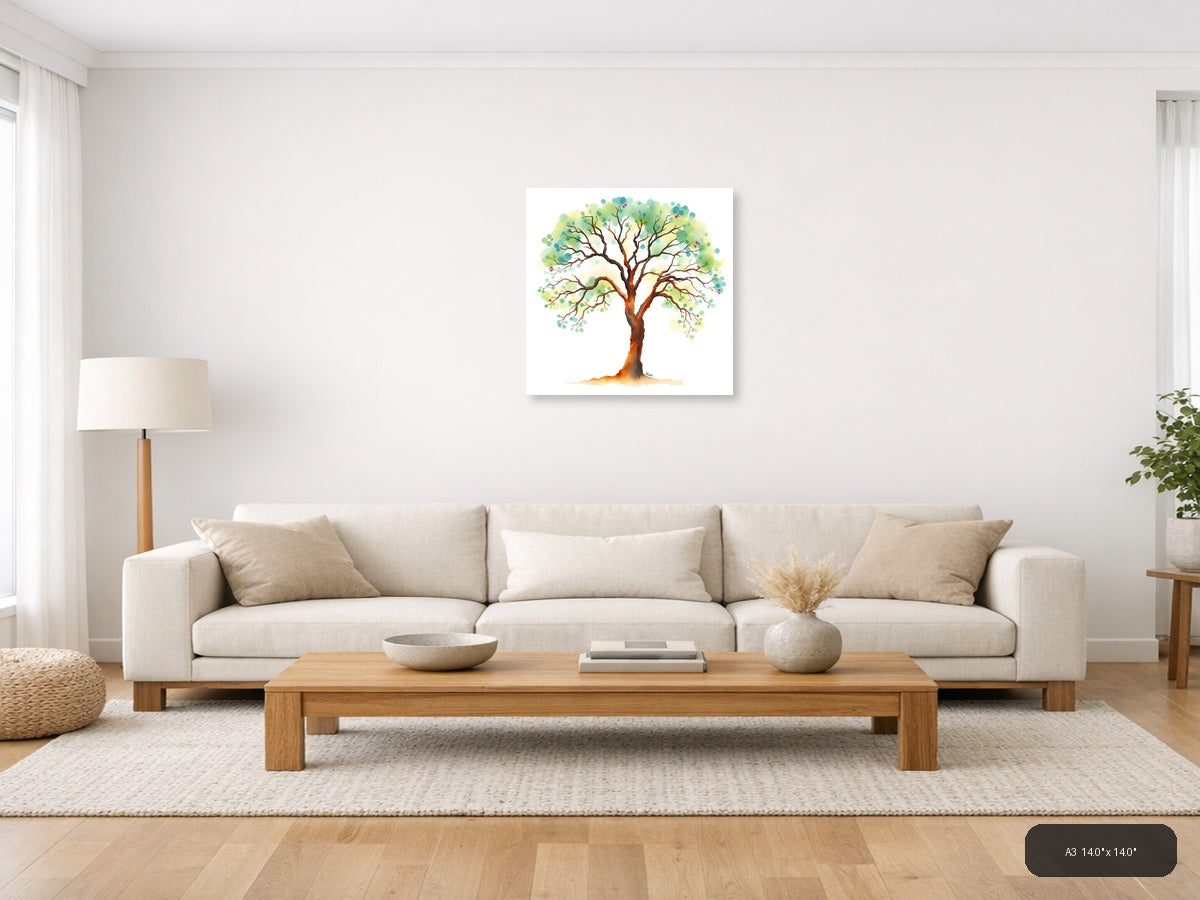 Watercolor Tree with Green Foliage Wall Art — A3 / Living Room