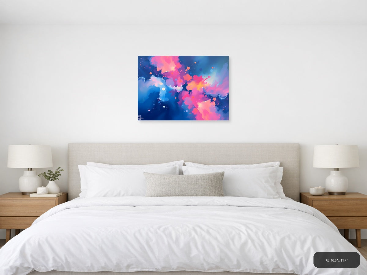 Abstract Pink & Blue Fluid Clouds Modern Wall Art — A3 / Bedroom