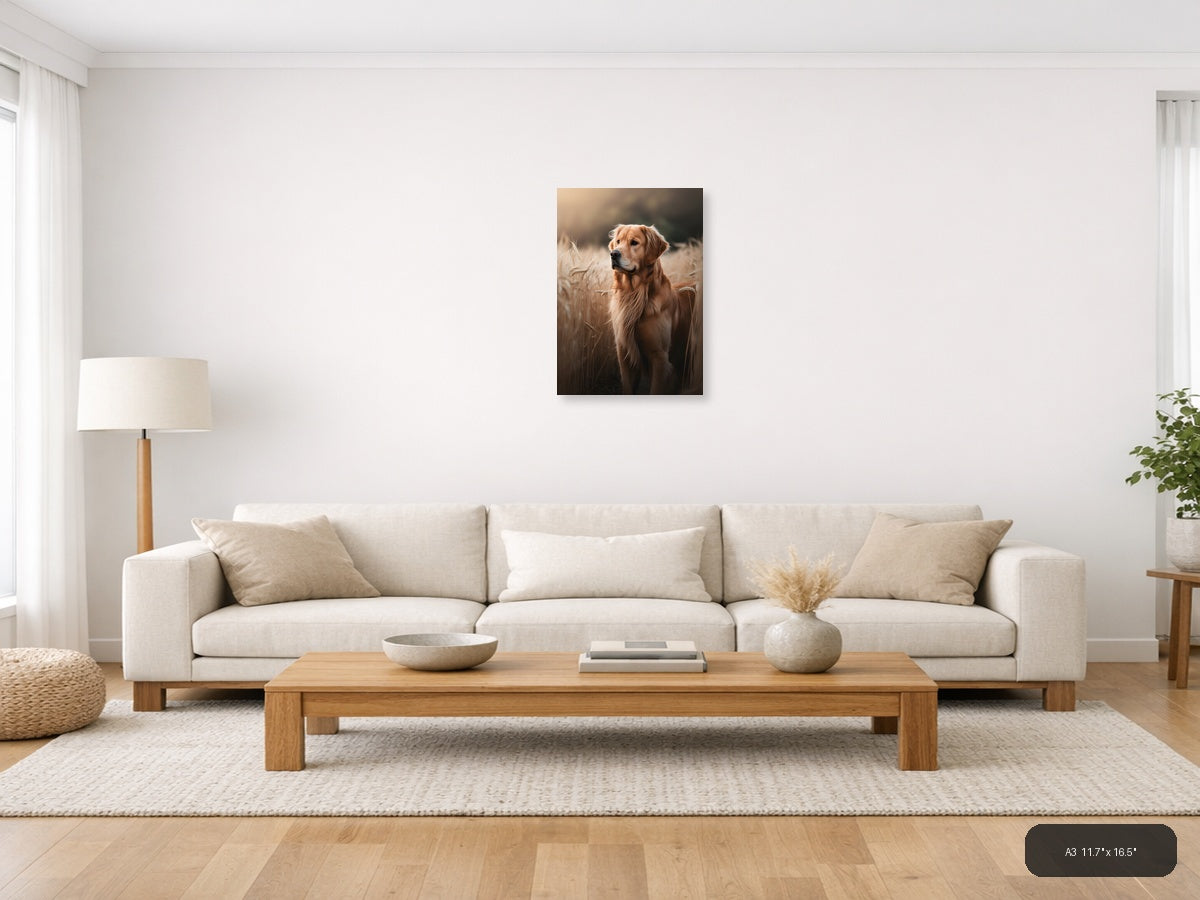 Golden Retriever in Wheat Field Photography Wall Art — A3 / Living Room