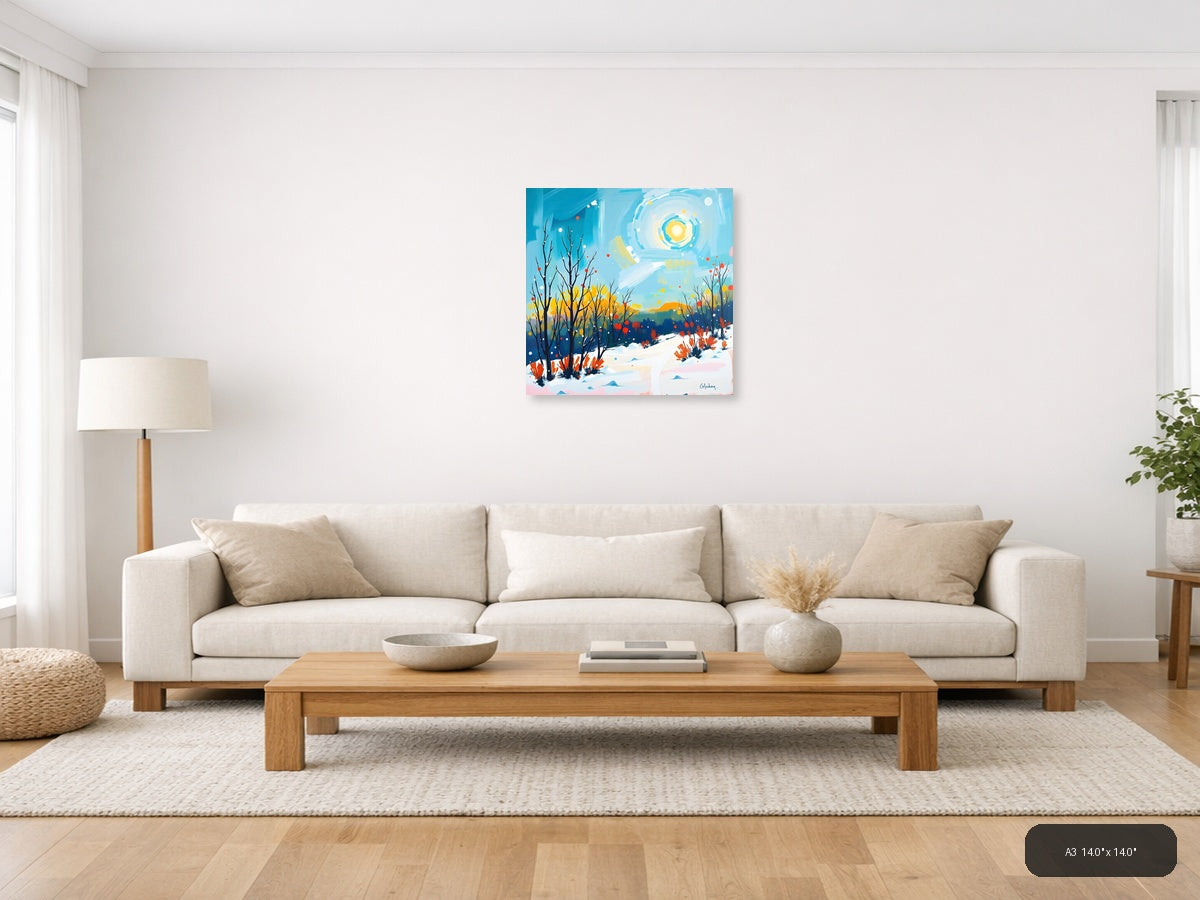Abstract Winter Landscape with Golden Sun Wall Art — A3 / Living Room