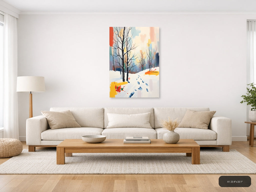 Winter Landscape Abstract Trees Footprints Wall Art — A1 / Living Room