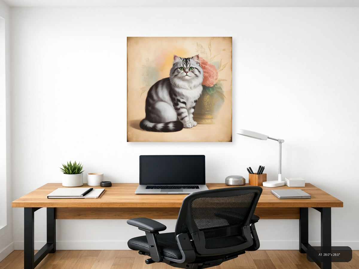 Vintage Grey Tabby Cat with Pink Roses Wall Art — A1 / Office
