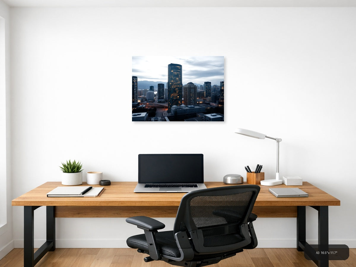 Urban Skyline at Dusk with Glowing Windows | Modern City Wall Art — A3 (Office)