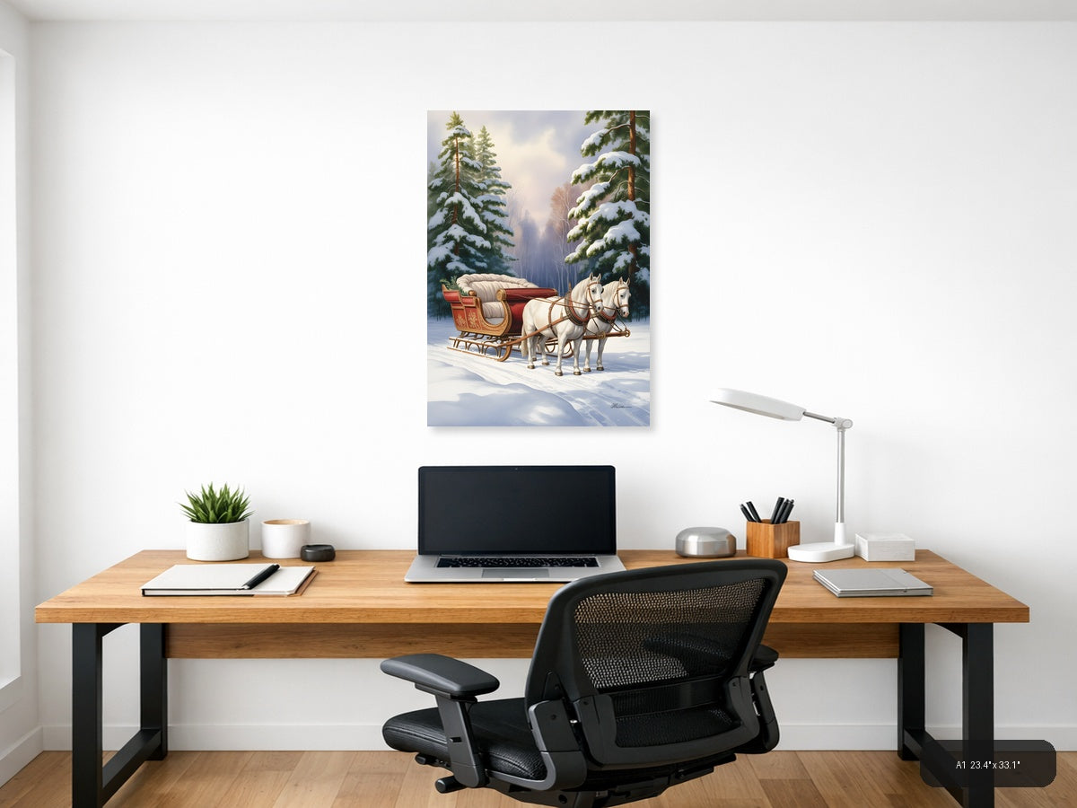 Winter Sleigh with White Horses Watercolor Wall Art — A1 / Office