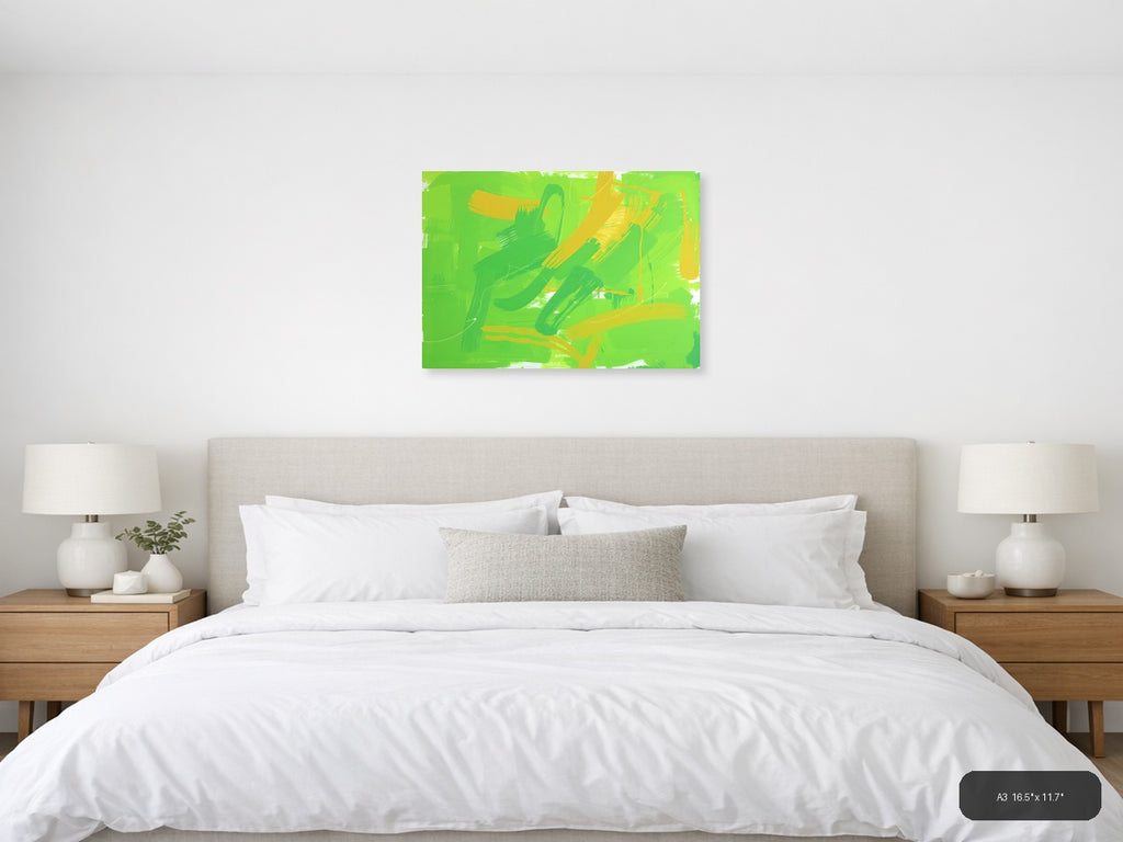 Vibrant Green & Yellow Abstract Brush Strokes Wall Art — A3 / Bedroom
