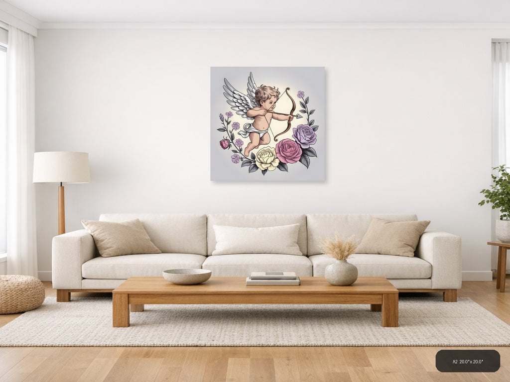 Cupid Angel with Bow and Roses Line Art Wall Art — A2 / Living Room