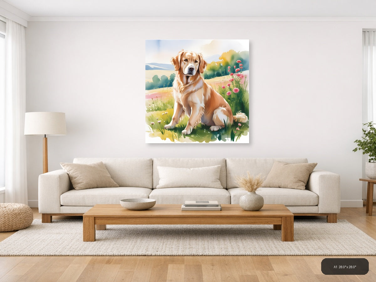 Brown and White Dog in Wildflower Meadow Watercolor Wall Art — A1 / Living Room